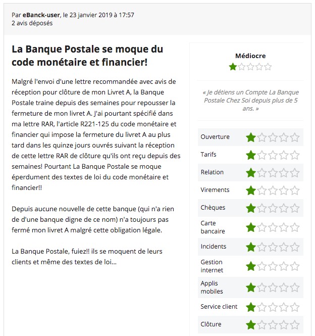 Avis négatif sur La Banque Postale