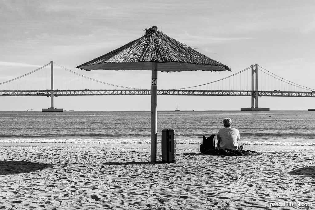 Sitting on the sand of Gwangalli Beach, a man contemplates the Gwangan Bridge (also knows as Gwangandaegyo Bridge or Diamond Bridge) which overlooks the Pacific Ocean.